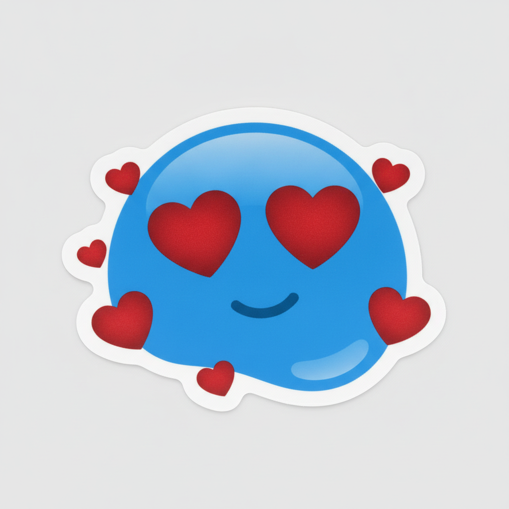 Blue emoji sticker maker result showing a blue blob face with big heart eyes and floating red hearts as a die-cut sticker