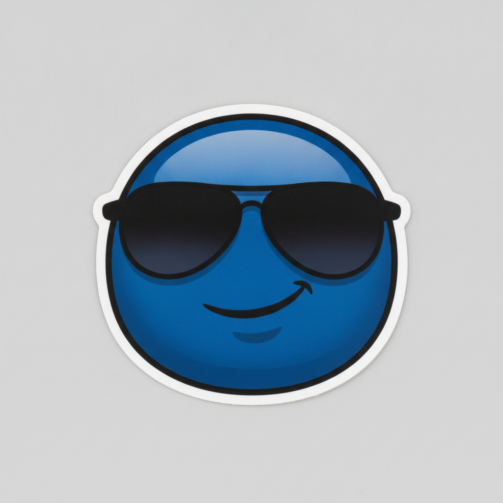 Blue emoji sticker maker result showing a cool blue blob face wearing black sunglasses with a confident smirk