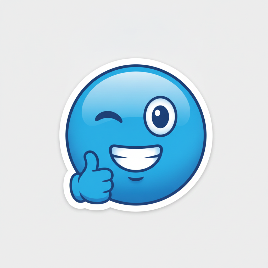 Blue emoji sticker maker result showing a blue blob face giving a thumbs up with a cheerful wink as a glossy sticker