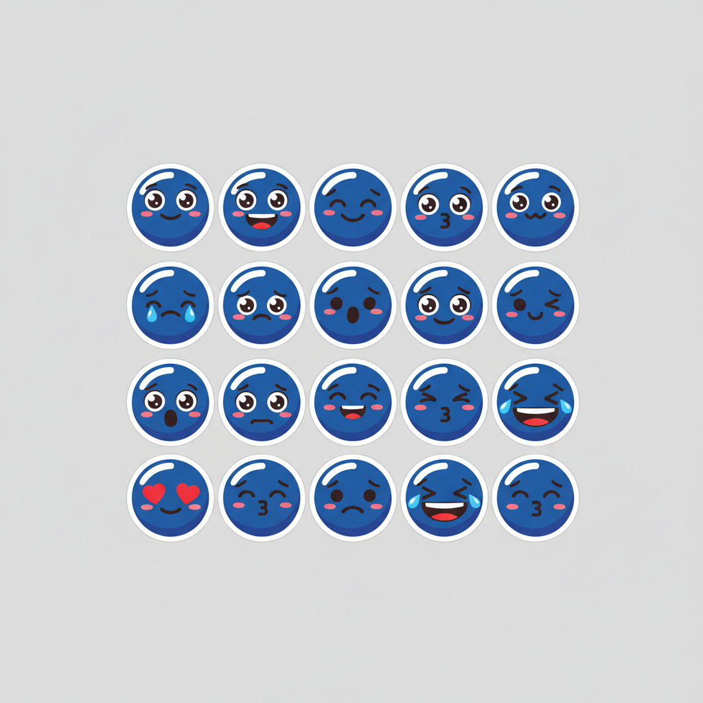 Blue emoji sticker maker result showing a full pack of blue blob emoji stickers with happy, sad, surprised, love, and laughing faces