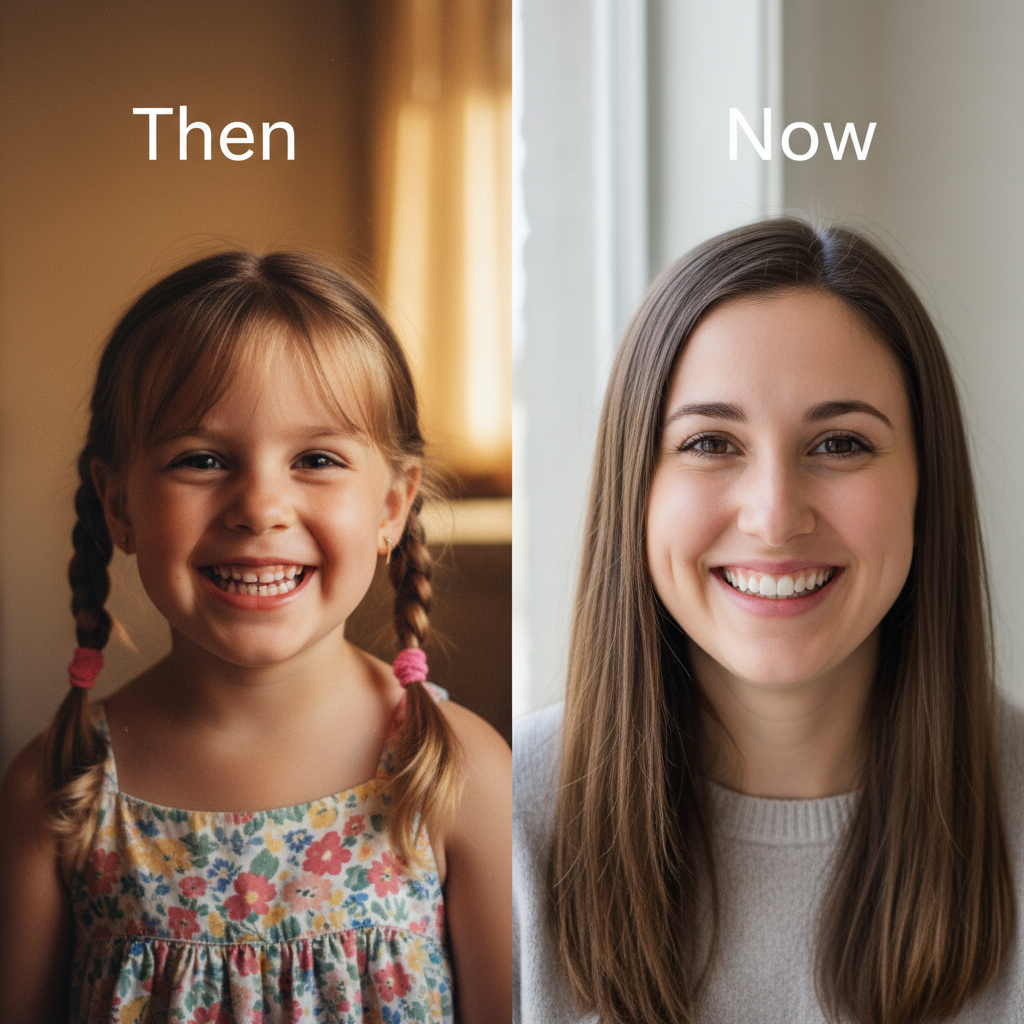 Childhood vs present AI photo of a woman shown as a smiling little girl then as her adult self now in a side-by-side portrait