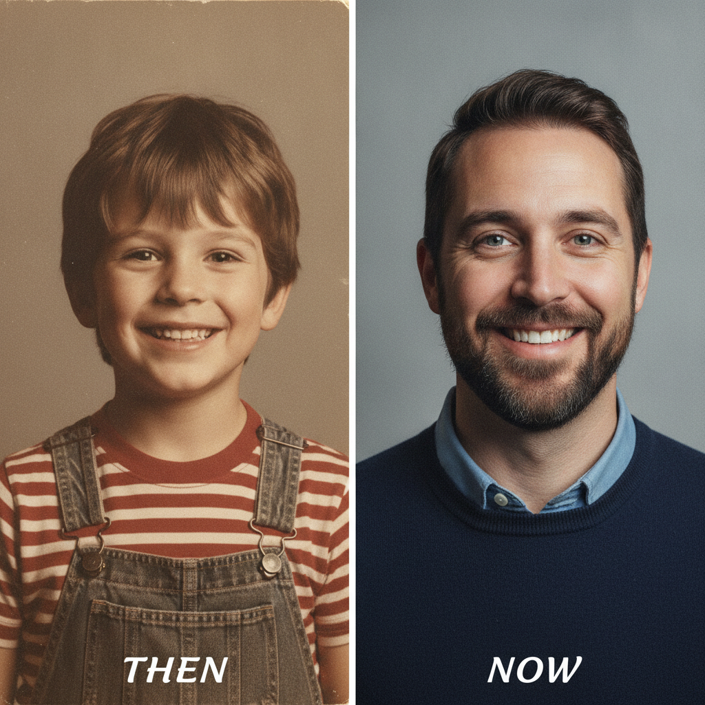 Then and now childhood vs present AI photo of a man shown as a young boy and as a grown adult with matching features