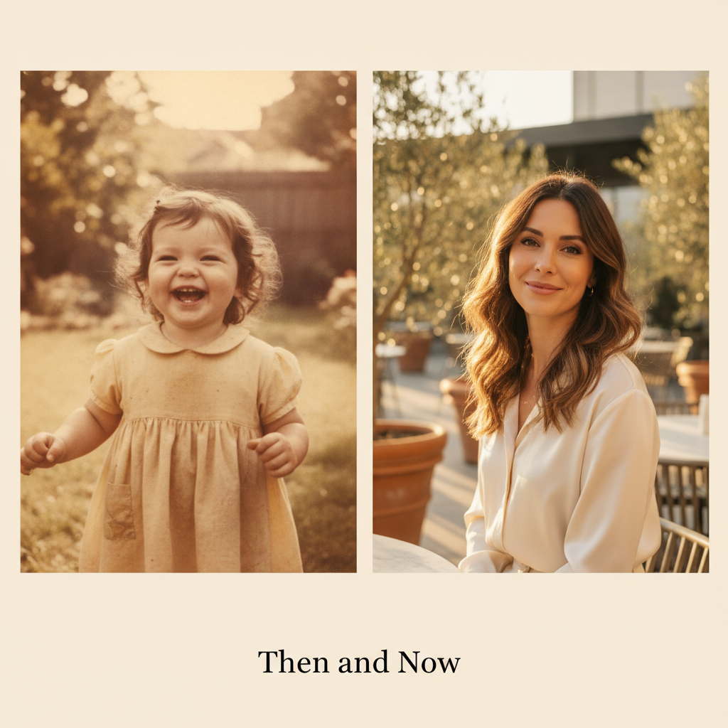 Childhood vs present AI photo of a laughing toddler girl beside her confident present-day adult self
