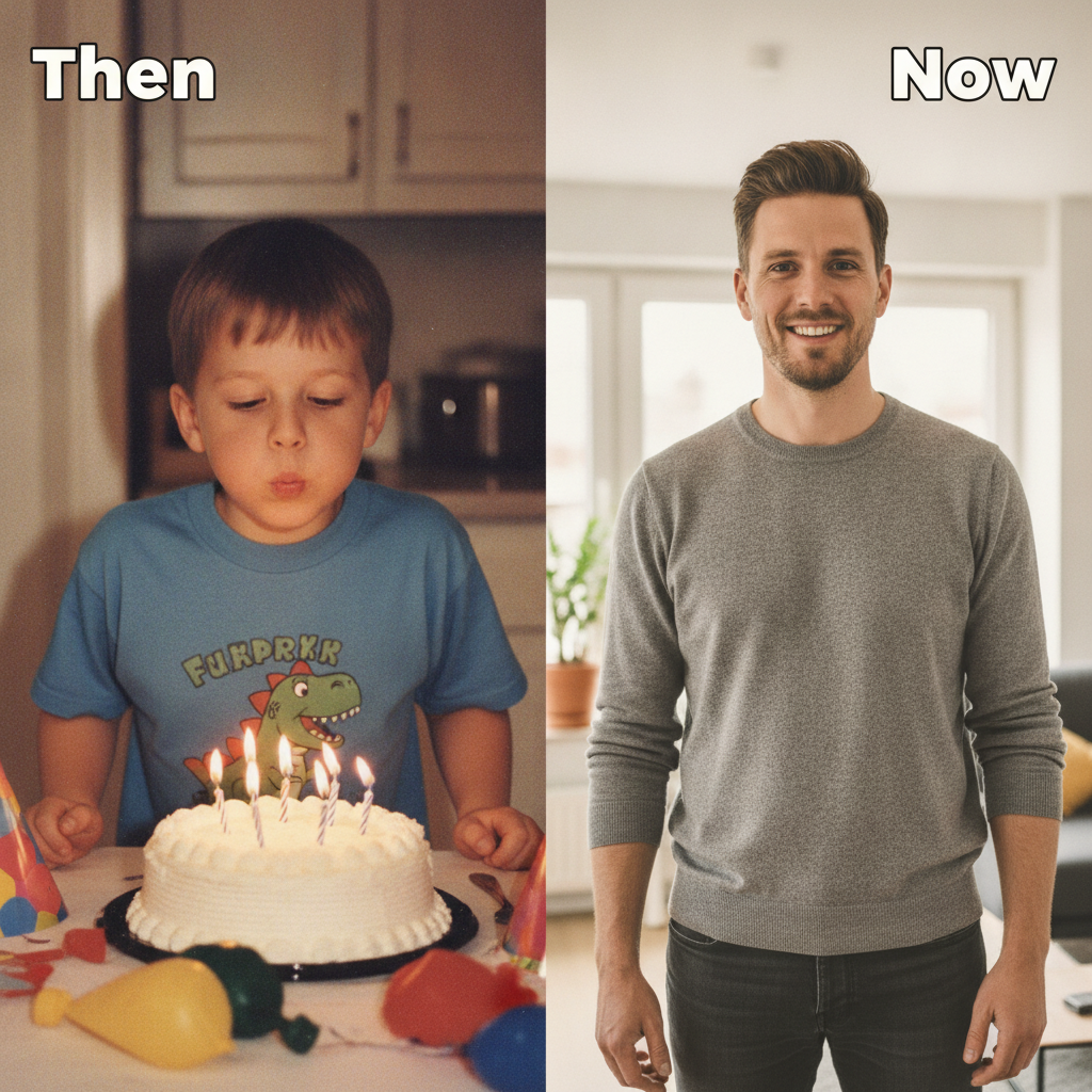 Before and after childhood vs present AI photo of a boy at his birthday beside the same man as an adult
