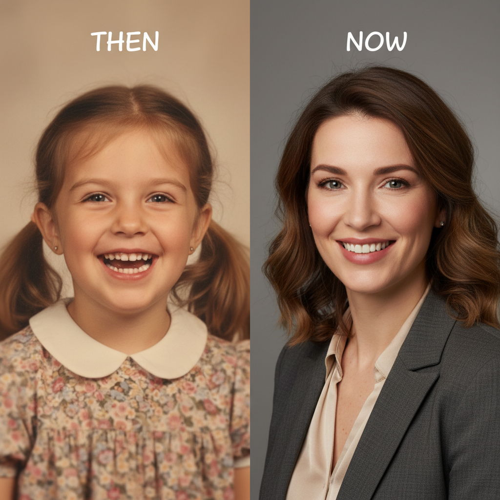 Childhood vs present AI photo comparing a little girl kindergarten portrait with her present-day adult version