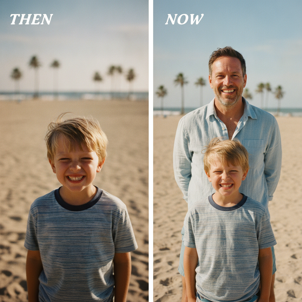 Then and now childhood vs present AI photo of a young boy at the beach beside the same man today