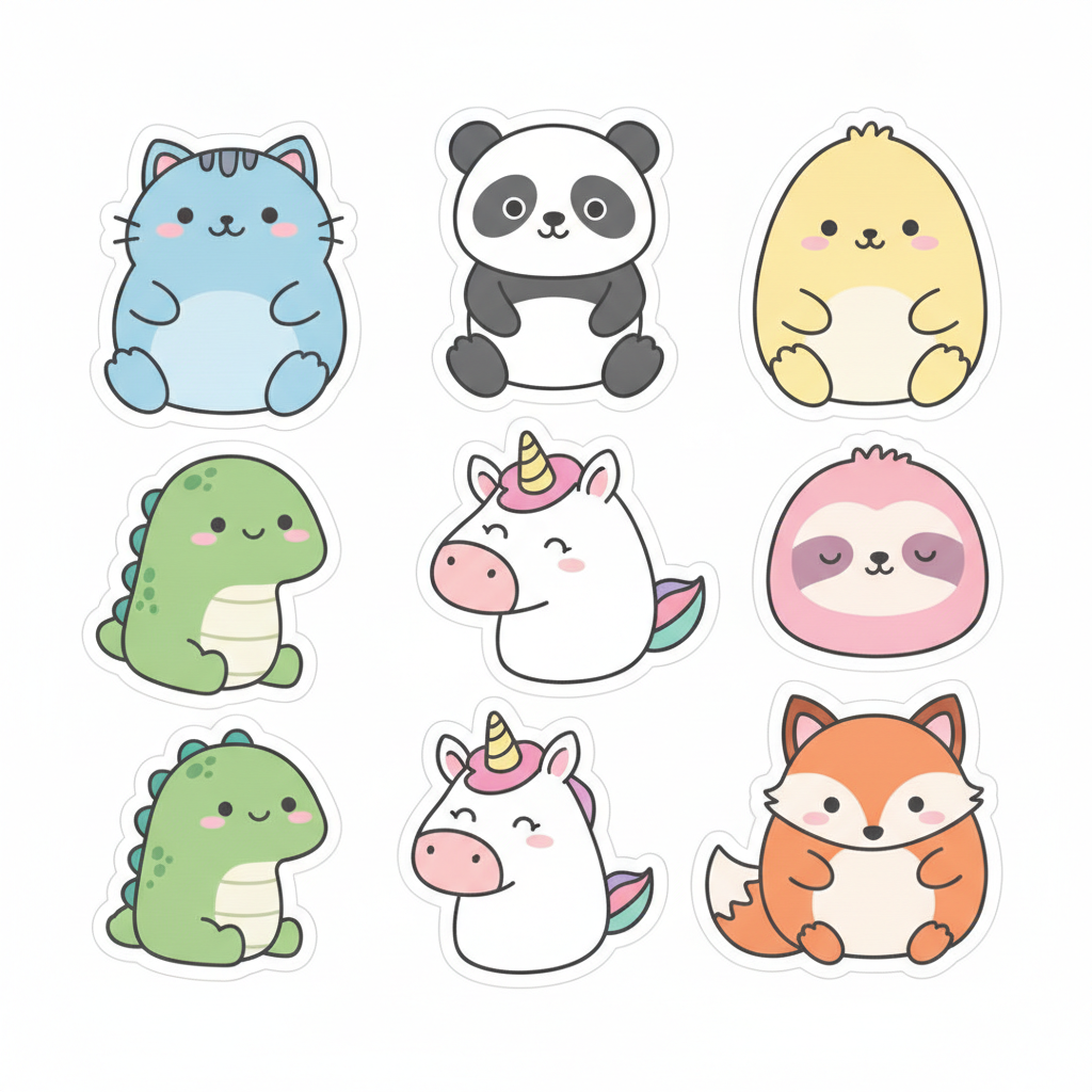 Cricut sticker maker die-cut sheet of cute kawaii animals with thick white kiss-cut borders, print-then-cut ready