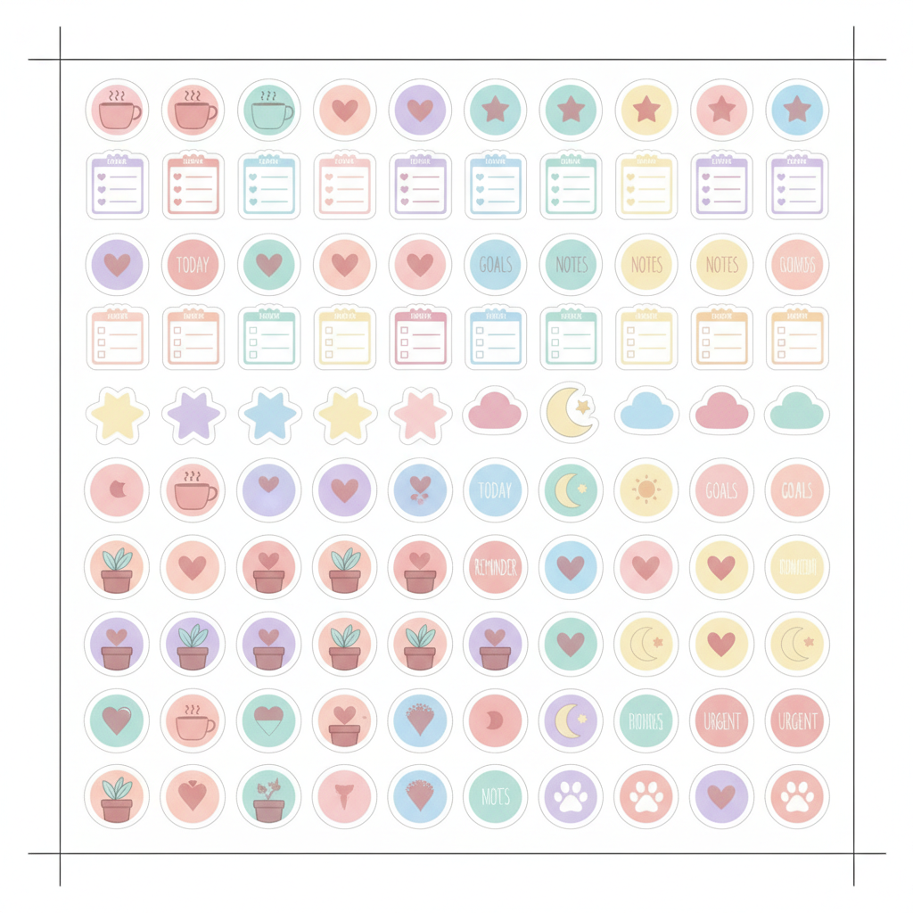 Cricut sticker maker planner sticker sheet with pastel icons of coffee cups, hearts, and checklists