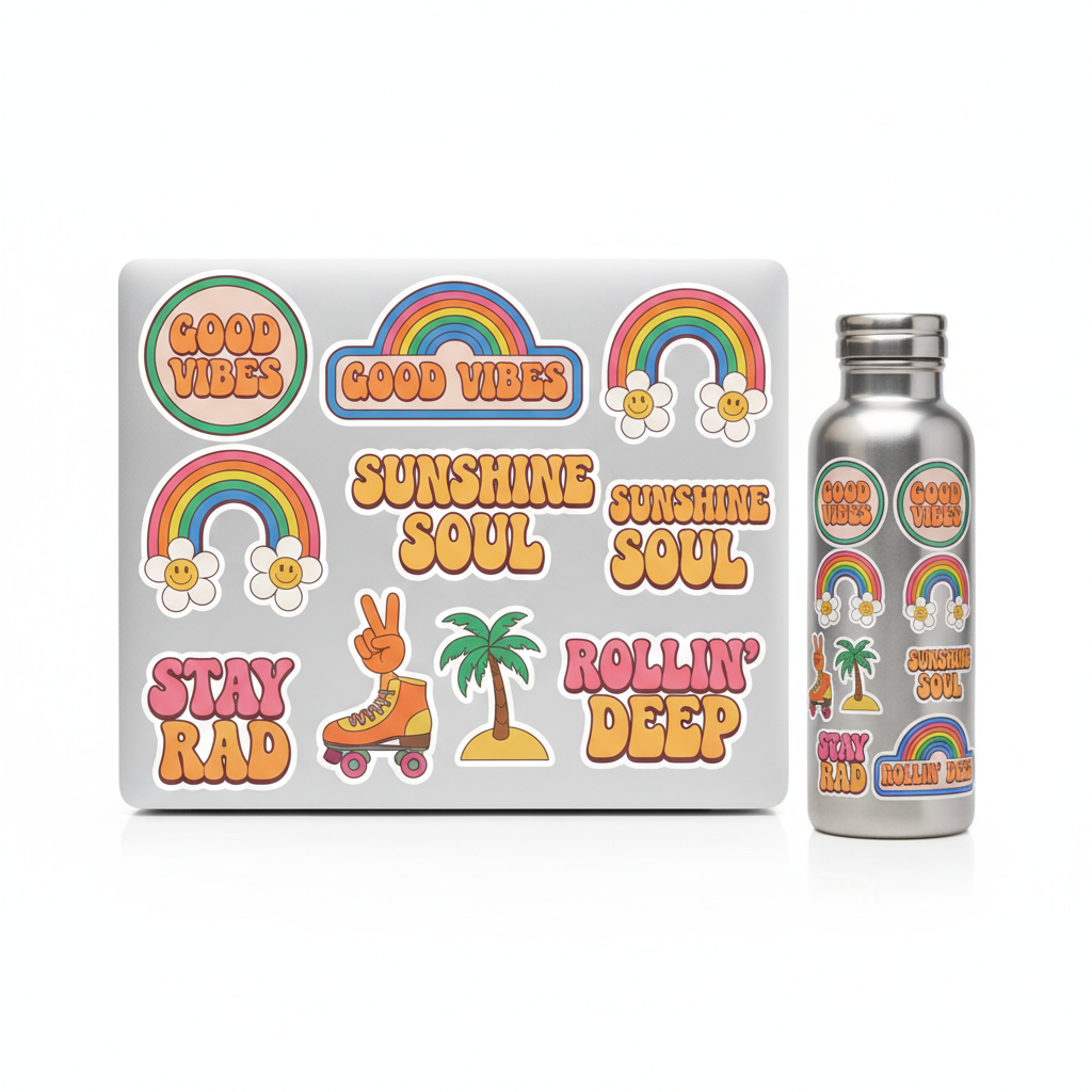 Cricut sticker maker waterproof vinyl laptop and water-bottle stickers with retro 70s typography