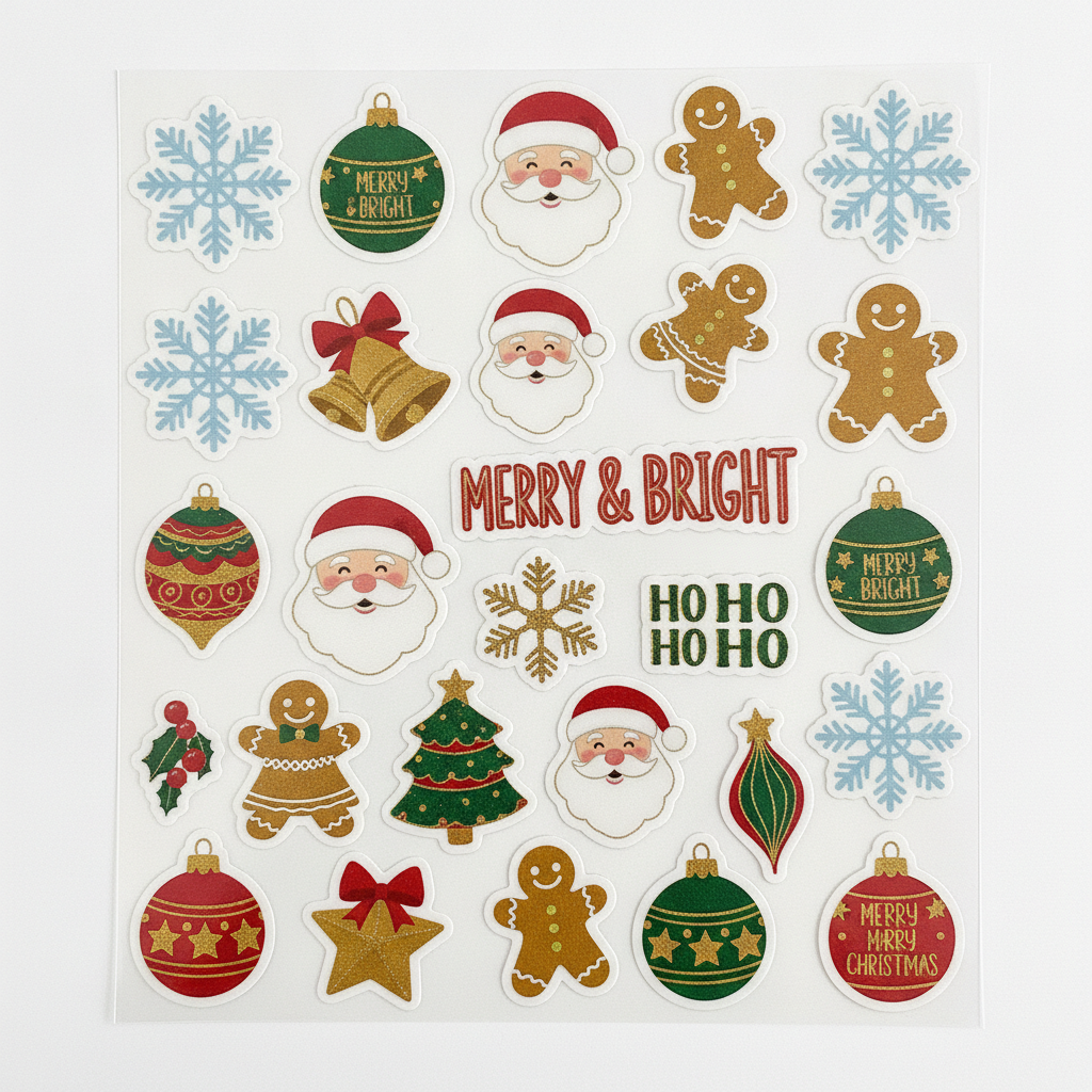 Cricut sticker maker holiday Christmas sticker sheet with snowflakes, gingerbread, and ornaments
