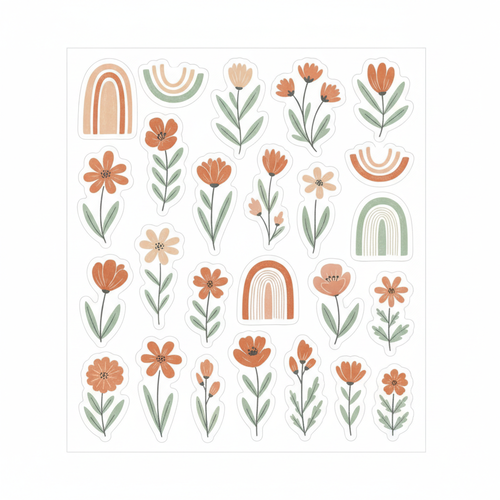 Cricut sticker maker floral boho sticker pack with hand-drawn wildflowers and sun arches in muted tones
