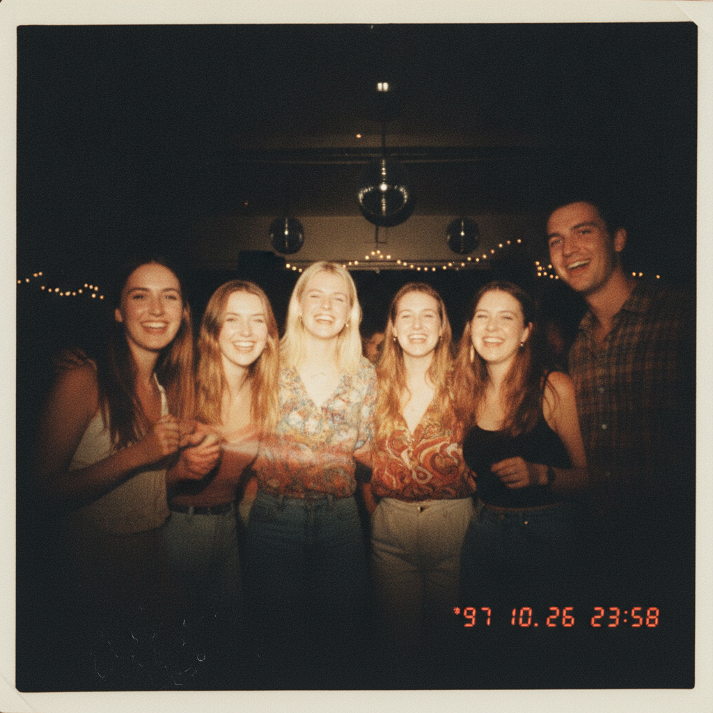 Disposable camera AI photo of friends laughing with harsh on-camera flash and grainy 35mm film look