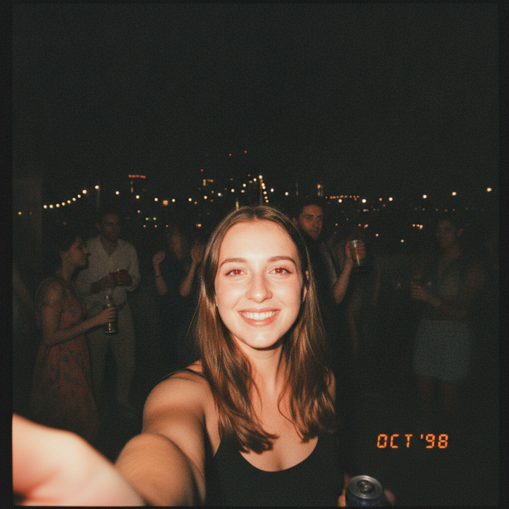 Disposable camera AI photo selfie at a rooftop party at night with overexposed flash and film grain