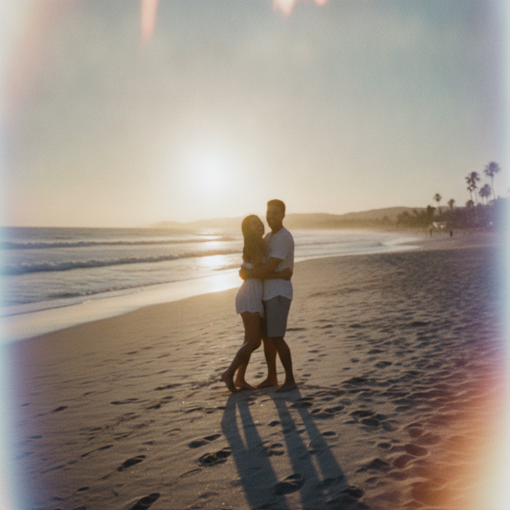Disposable camera AI photo of a couple at the beach at golden hour with light leaks and faded colors