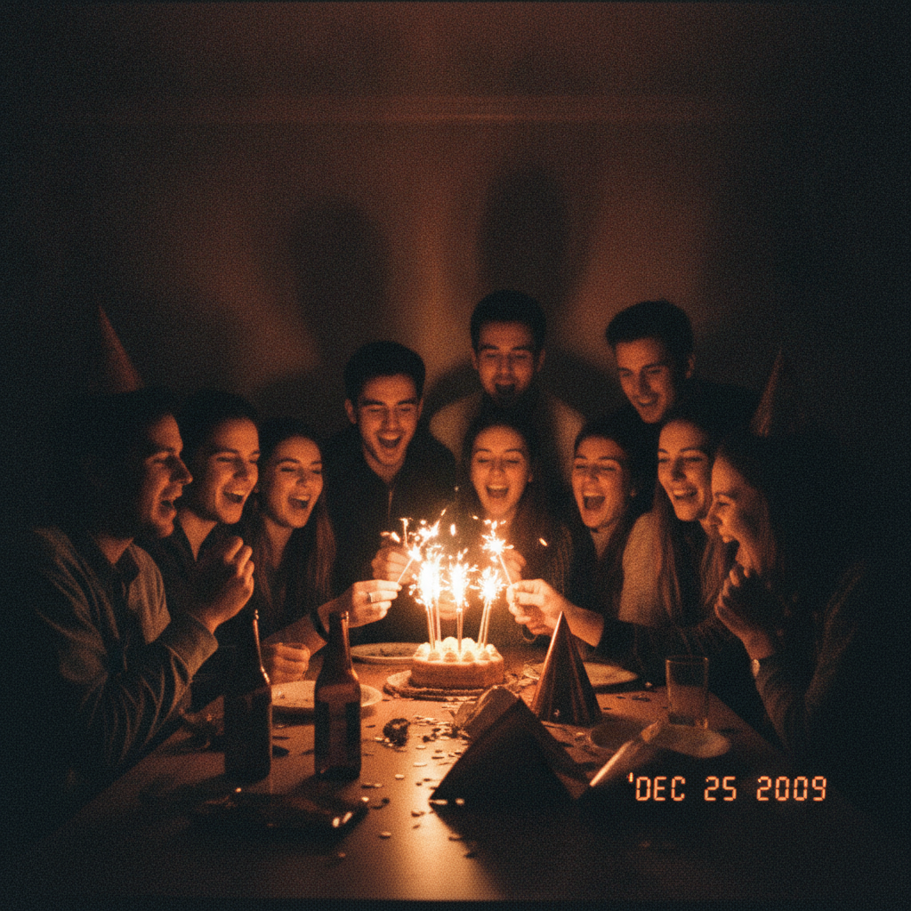 Disposable camera AI photo of a birthday celebration with harsh flash, deep shadows, and warm color cast