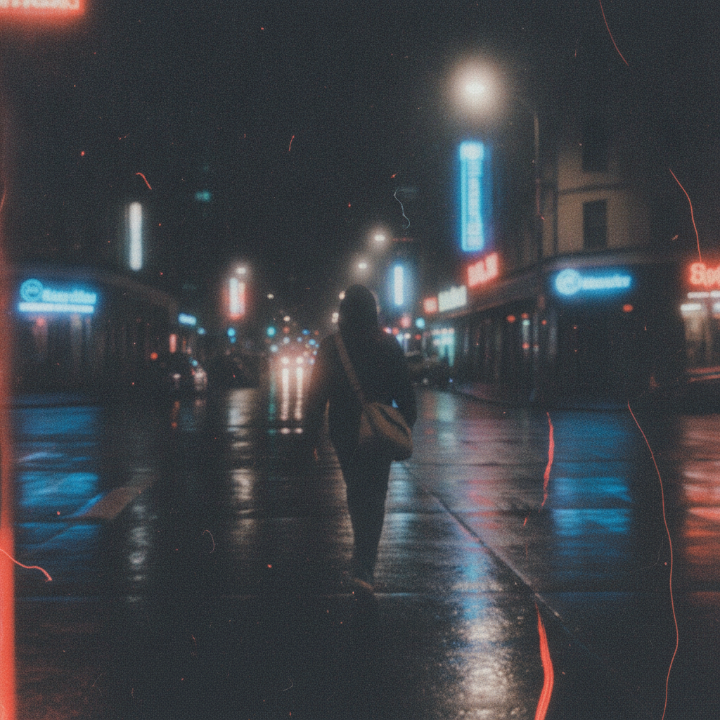 Disposable camera AI photo of a person on a neon city street at night with motion blur and film grain
