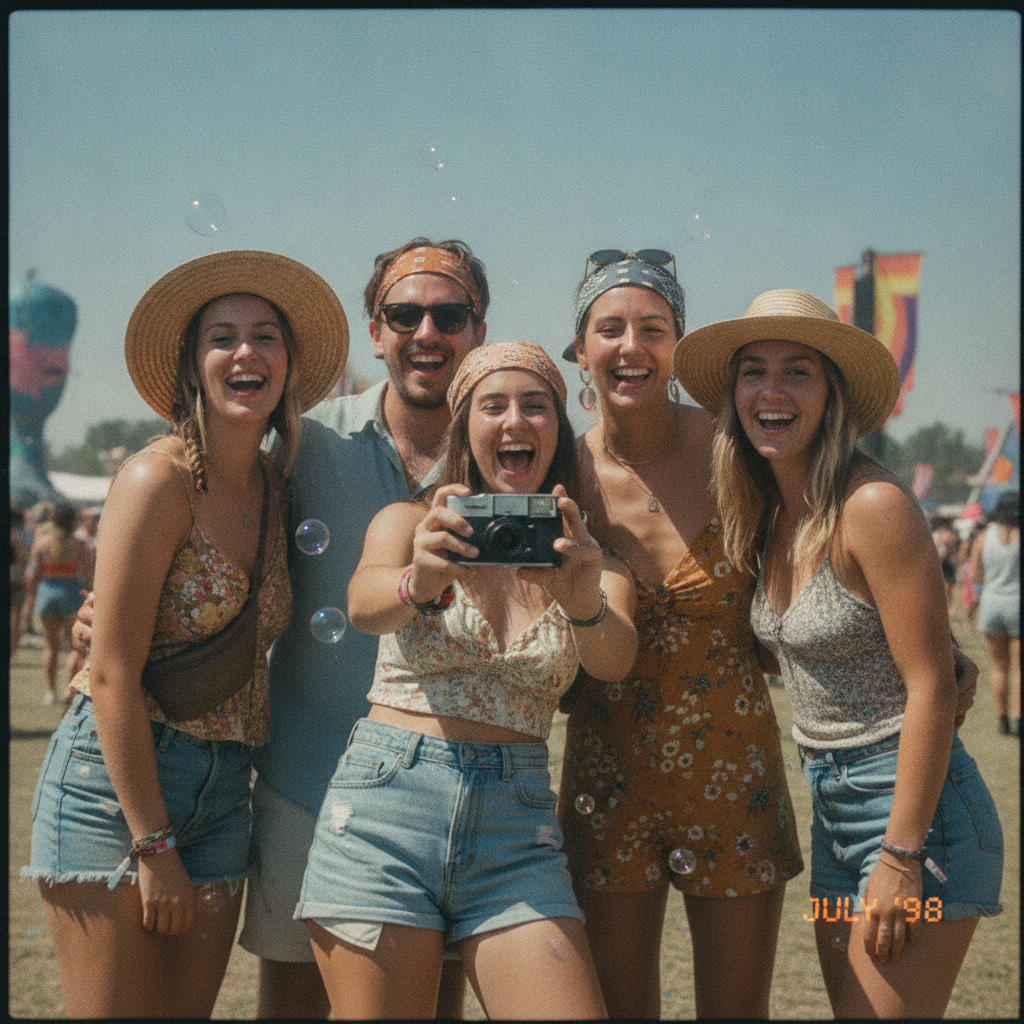 Disposable camera AI photo of a group at an outdoor festival with daylight flash and faded retro colors