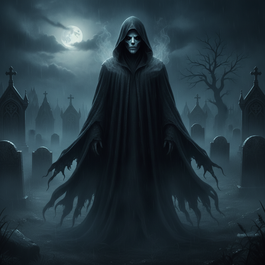 Ghostface AI photo showing a hooded phantom with a pale ghostly face in a misty moonlit graveyard