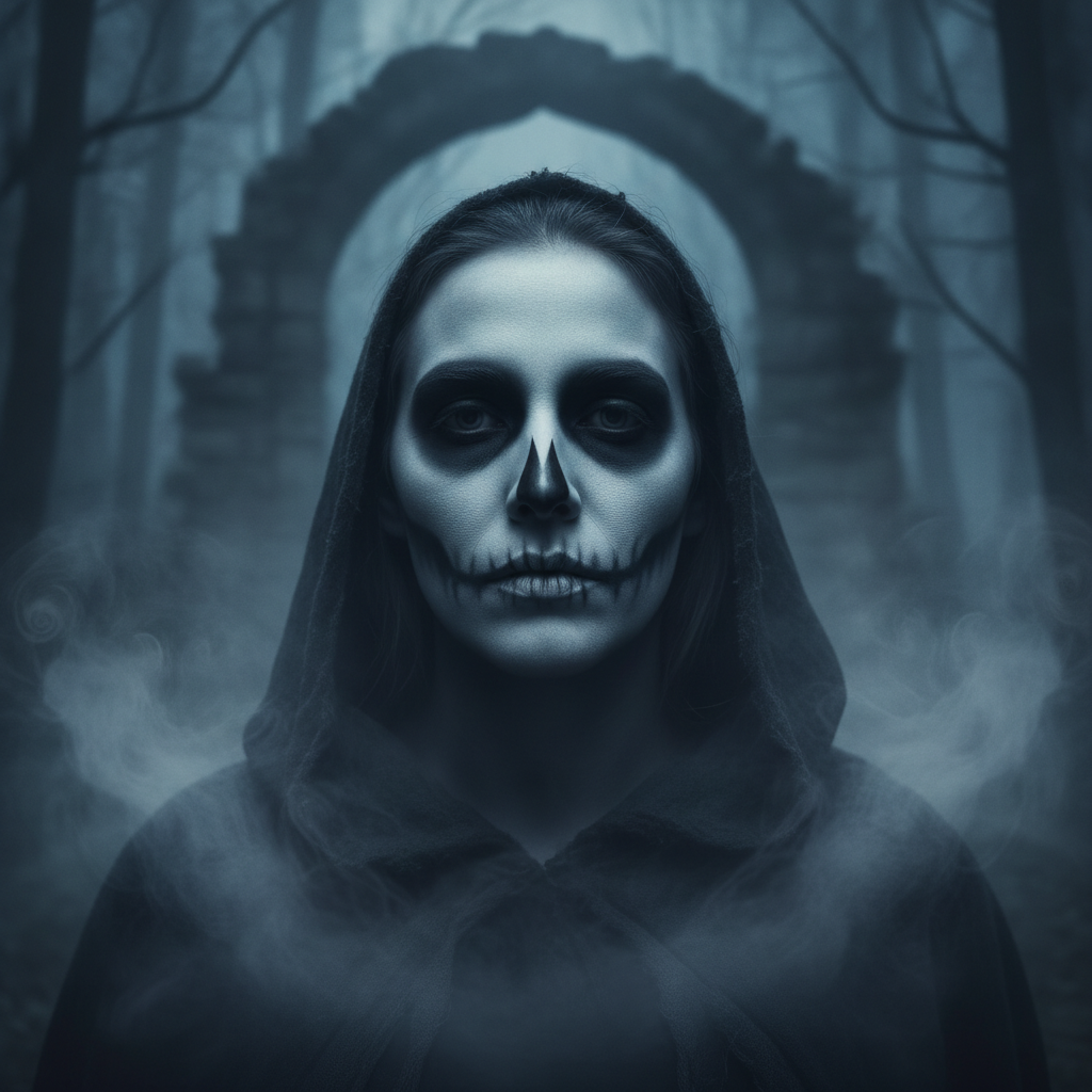 Ghostface AI photo showing spectral white and grey ghost face paint with hollow dark eyes in drifting fog