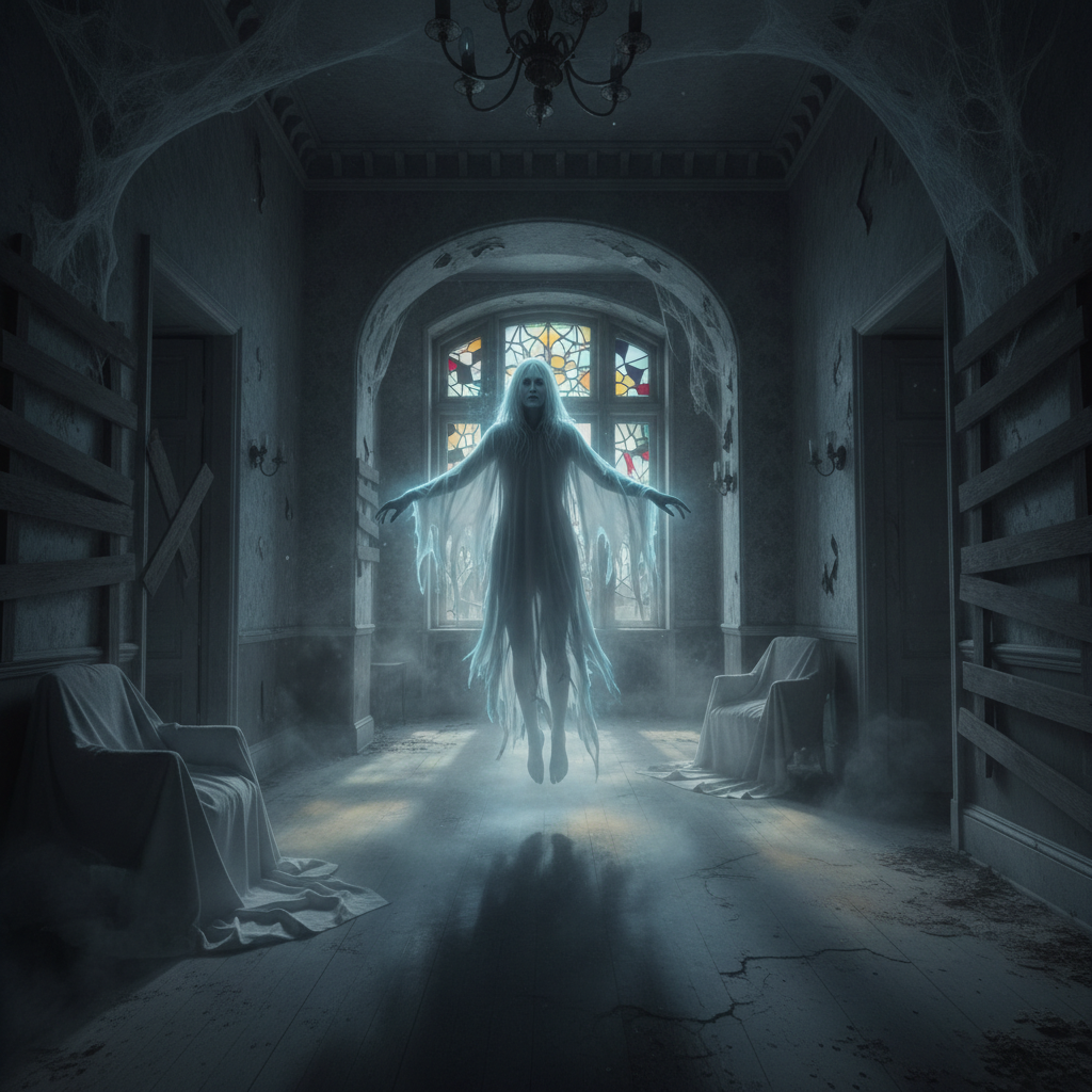 Ghostface AI photo showing a pale translucent wraith with glowing blue edges in a dark abandoned mansion