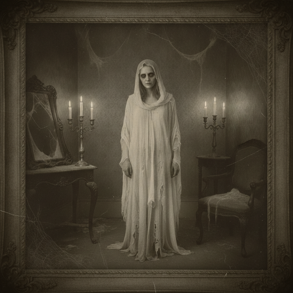 Ghostface AI photo showing a vintage haunted spirit with a ghostly pale face and sunken eyes in a candlelit room