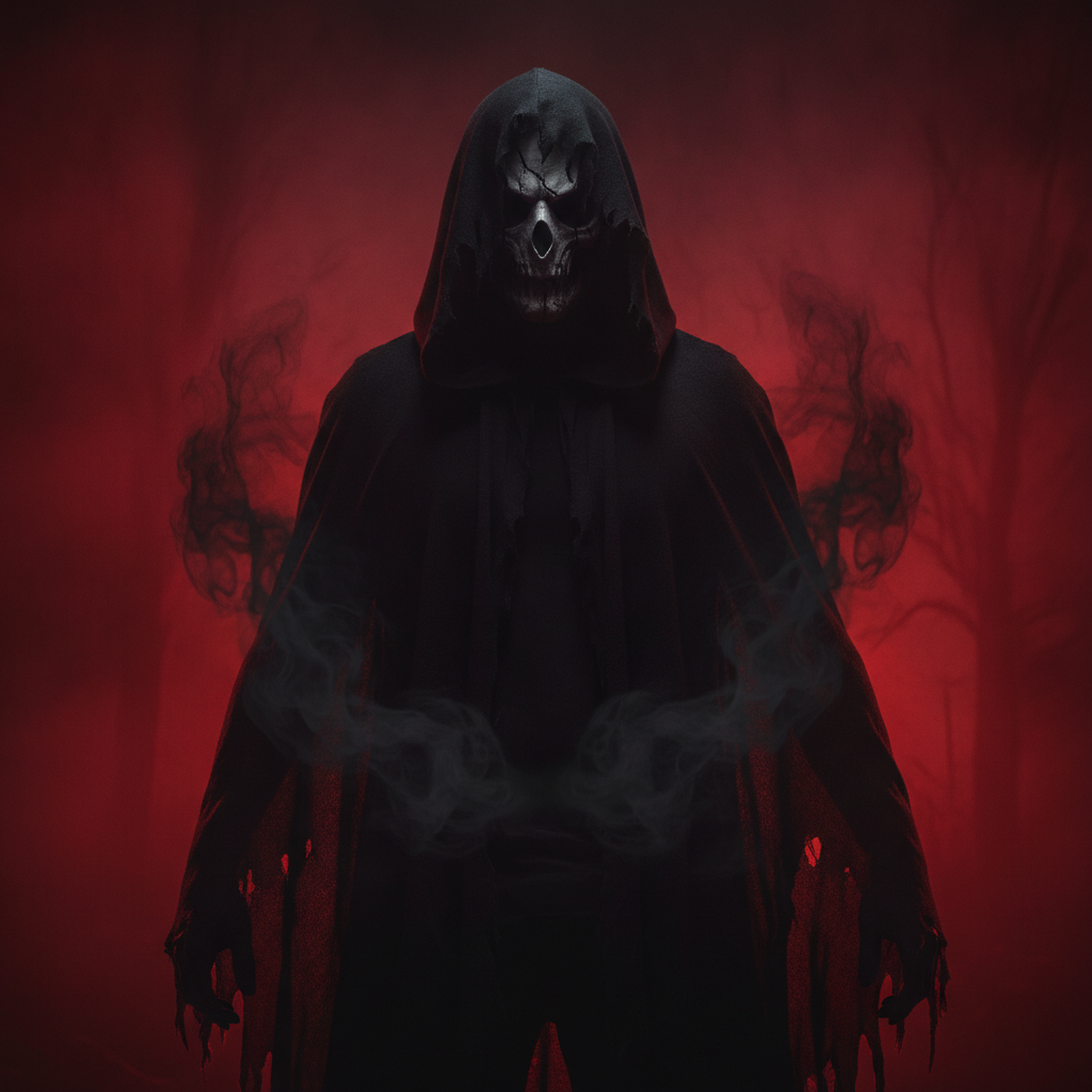 Ghostface AI photo showing a dark grim specter in a tattered black hood with swirling smoke and red backlight