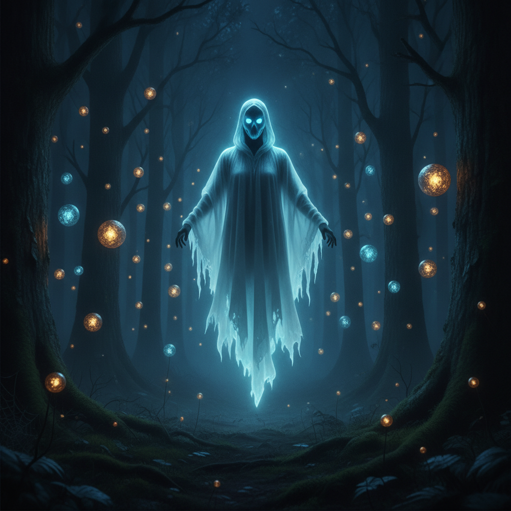 Ghostface AI photo showing a glowing ethereal ghost with a luminous pale blue face in a dark midnight forest