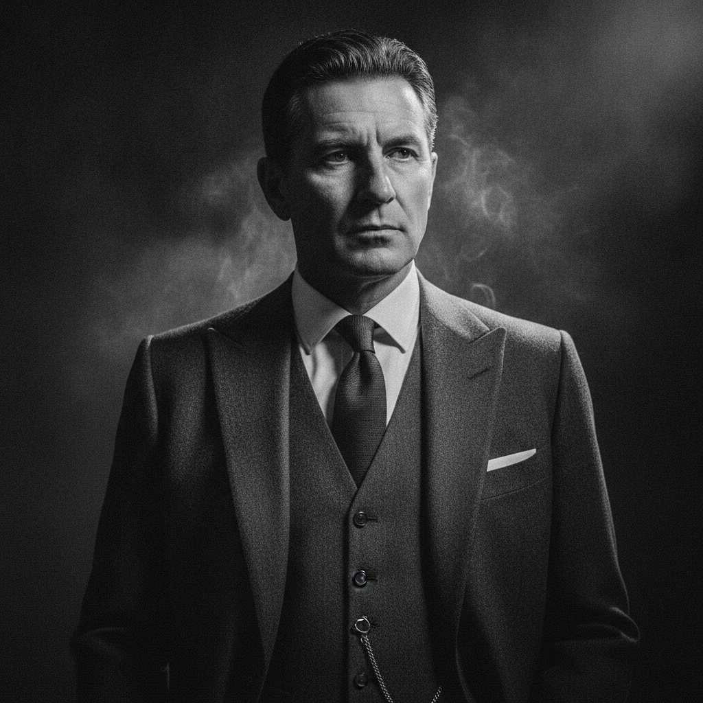 Black and white cinematic editorial AI portrait of a distinguished man in a tailored suit with noir lighting and drifting smoke