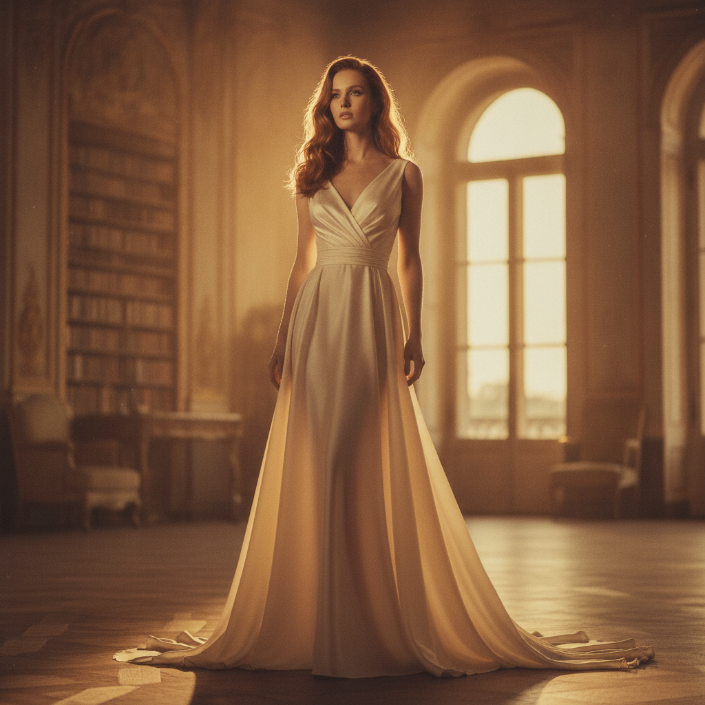 Golden-hour cinematic editorial AI portrait of an elegant woman in an evening gown with warm sunset backlight