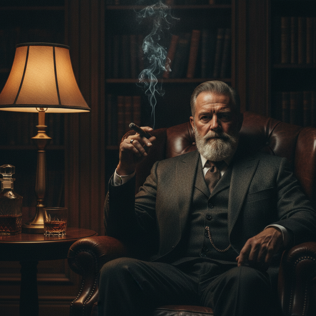 Dramatic low-key editorial AI photo of a powerful older gentleman in a leather armchair with warm lamp light and cigar smoke