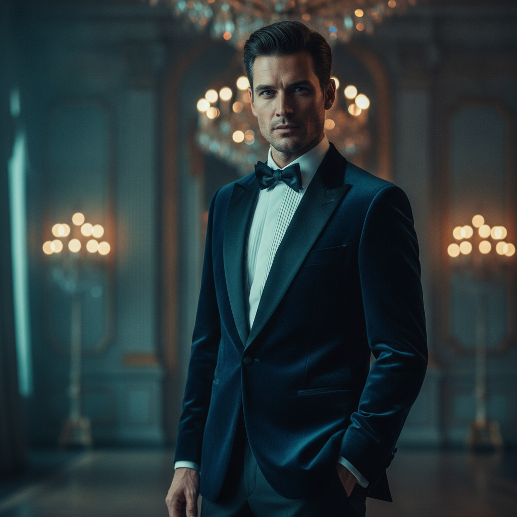 Moody editorial AI photo of a stylish man in a velvet tuxedo with teal and amber cinematic color grade