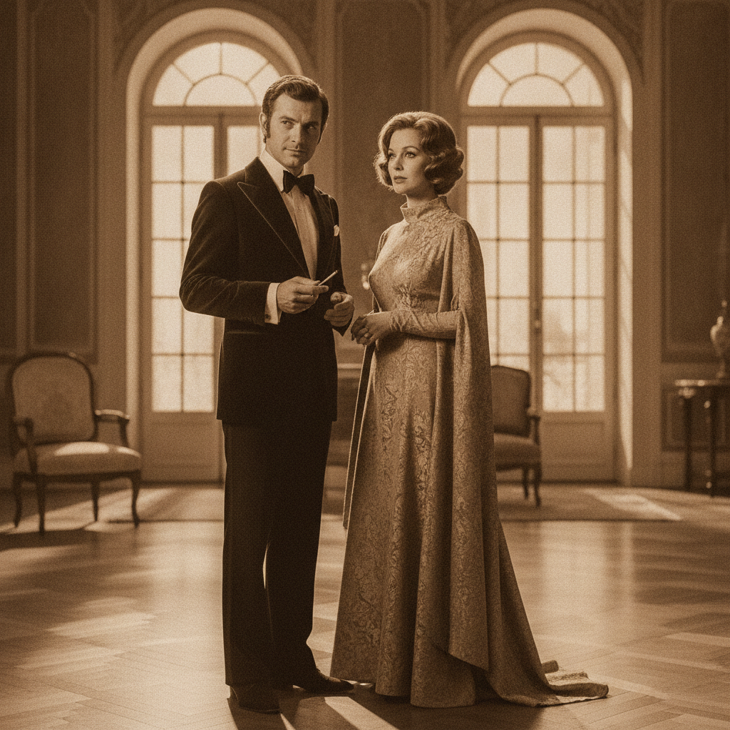Vintage 1970s cinematic editorial AI photo of a couple in formal attire with warm sepia film tones