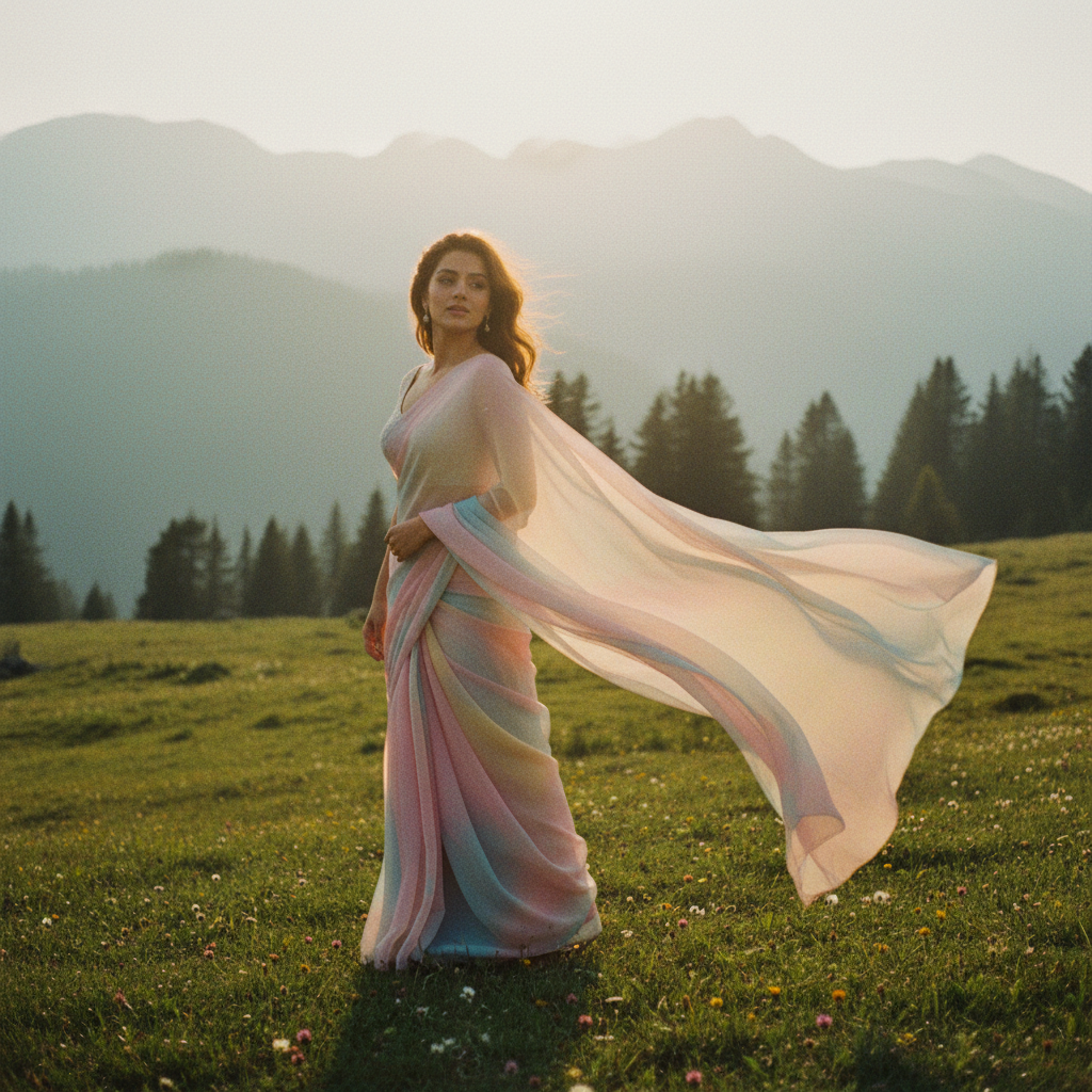 Nano banana saree photo of a woman in a pastel chiffon saree in an alpine meadow with a windswept dupatta, retro Bollywood heroine look