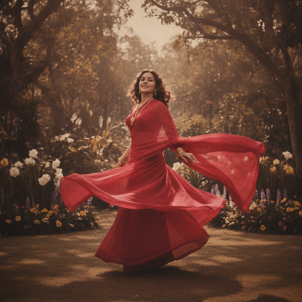 Nano banana saree photo of a woman in a red chiffon saree twirling in a lush green garden, vintage Bollywood movie still