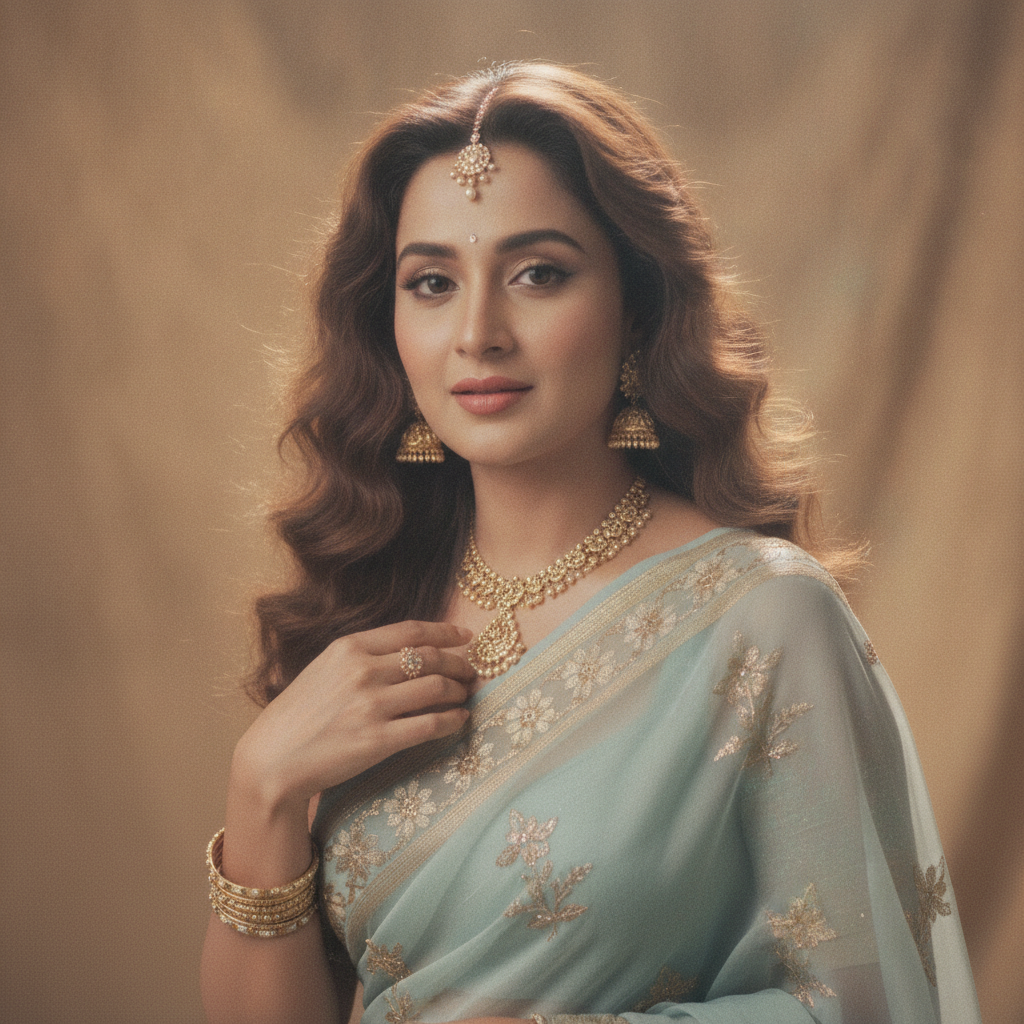 Nano banana saree photo close-up of a woman in a pale blue chiffon saree with gold jewelry and soft curls, 90s Bollywood glamour