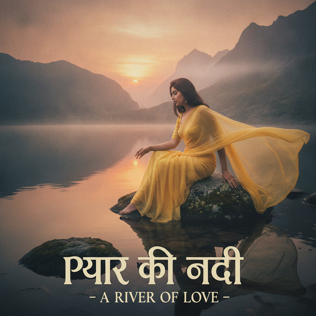 Nano banana saree photo of a woman in a yellow chiffon saree by a misty mountain lake at sunset, retro Indian cinema poster look