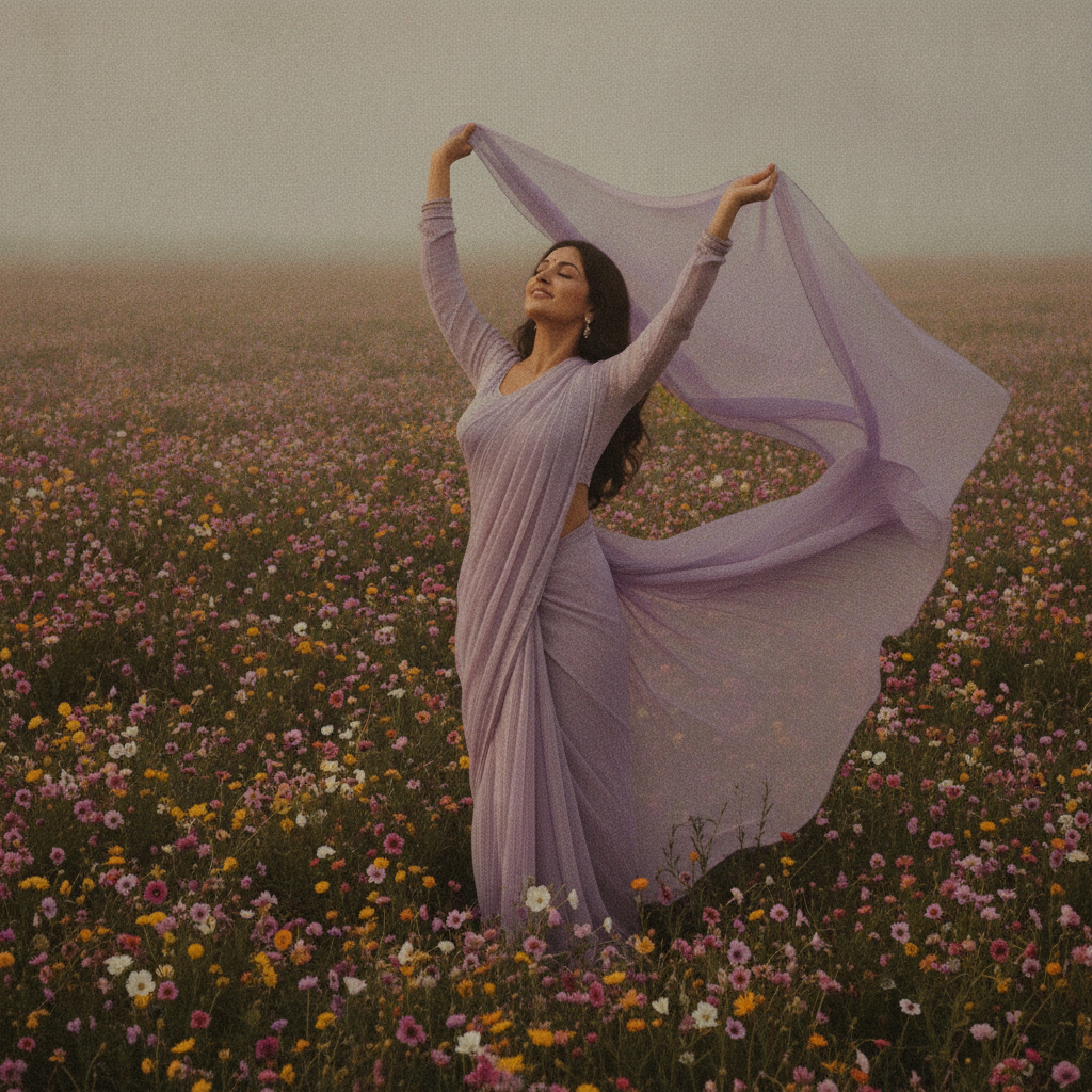 Nano banana saree photo of a woman in a lavender chiffon saree in a field of flowers with a windblown dupatta, dreamy retro mood