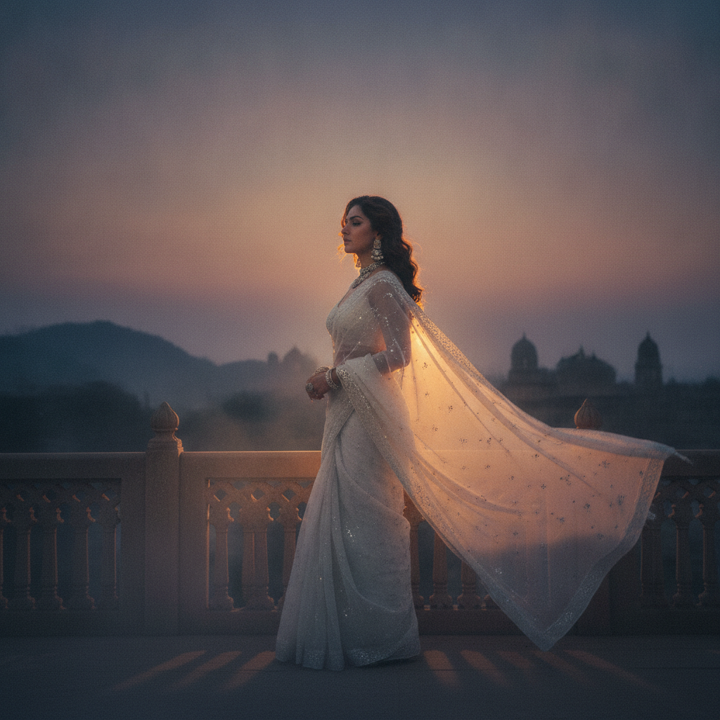 Nano banana saree photo of a woman in a white and silver chiffon saree on an old palace balcony at dusk, classic 90s Bollywood elegance