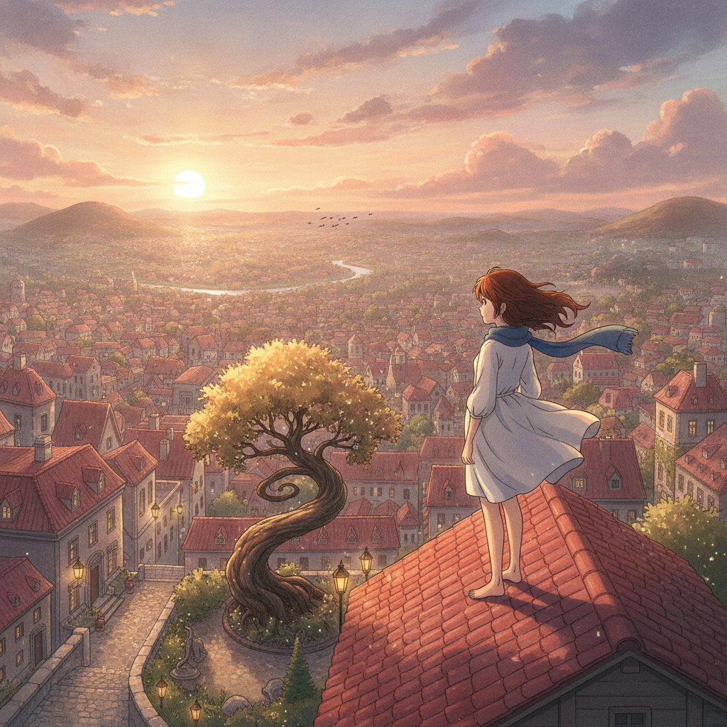 Dreamy anime rooftop sunset illustration generated from a single text prompt, Qwen Image 2.1 style art
