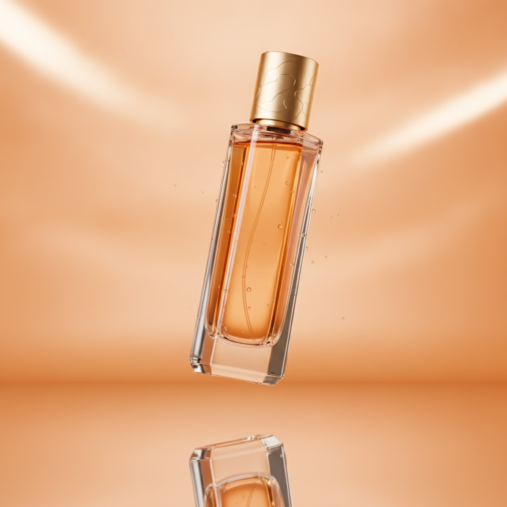 Clean commercial product render of a glass perfume bottle on a gradient backdrop, made with a Qwen Image 2.1 alternative
