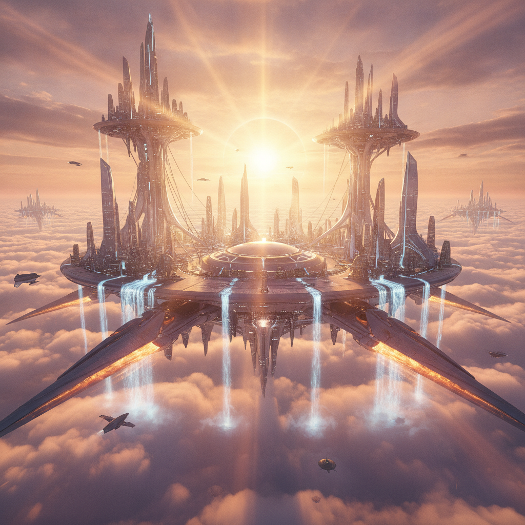 Cinematic concept art of a futuristic floating city at golden hour, showing the creative range of Qwen Image 2.1 style generation