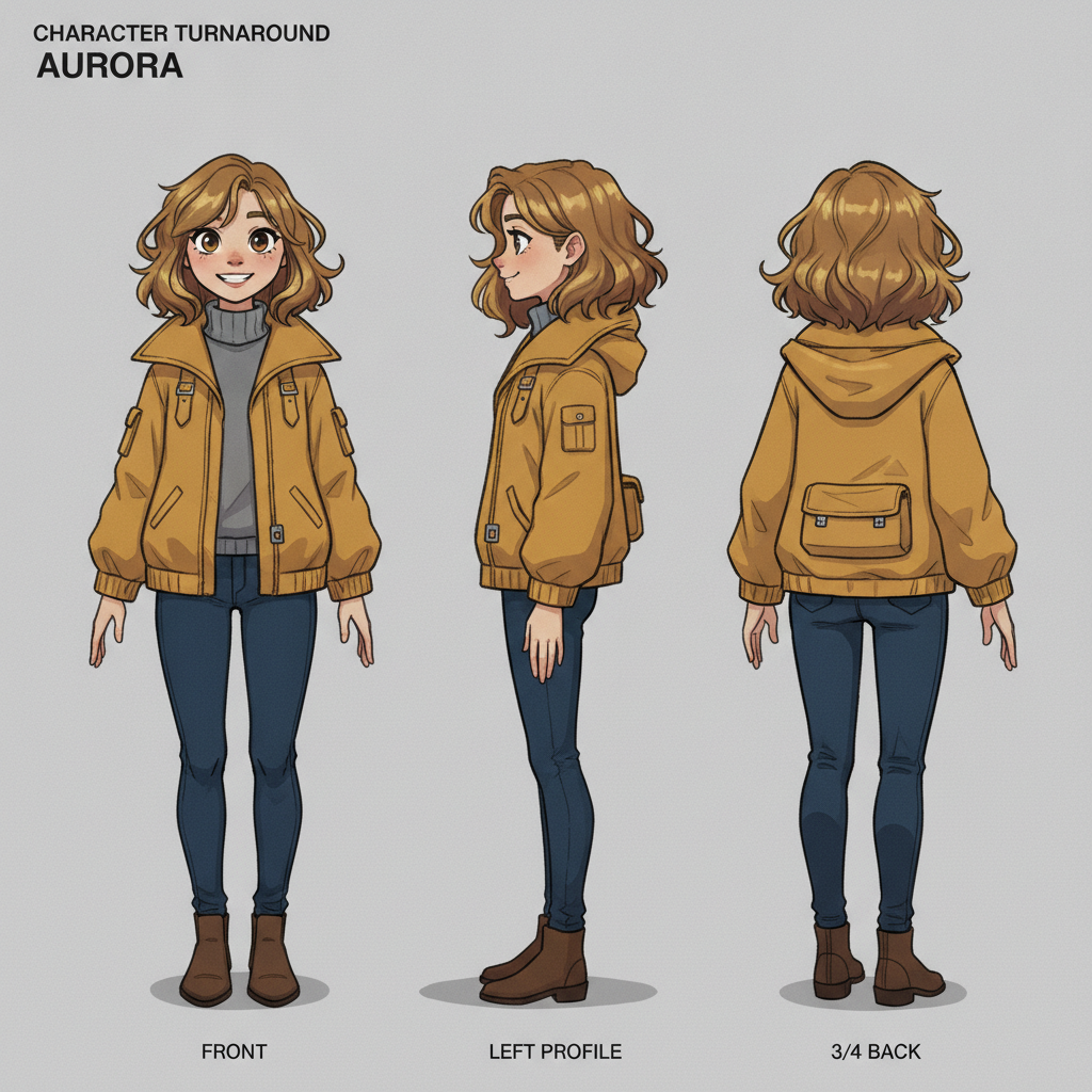 Character turnaround sheet showing the same woman from front, side, and back, a classic qwen image multiple angles result
