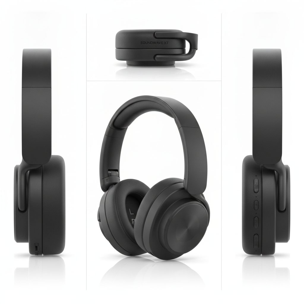 Wireless headphone shown from four camera angles in one frame, product multiple angles generated by AI