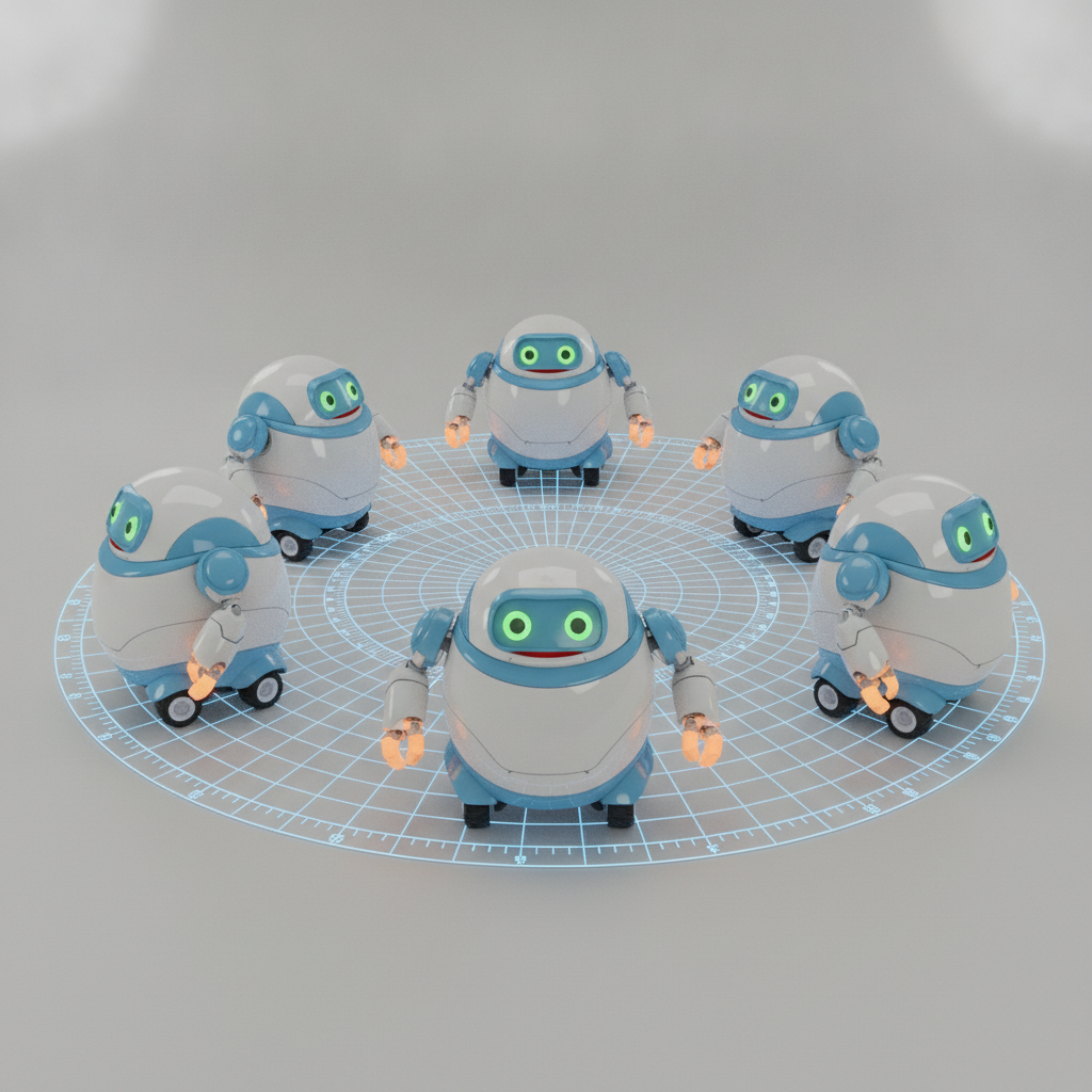 Robot character turntable grid rotating through six consistent angles, a multiple angles reference sheet