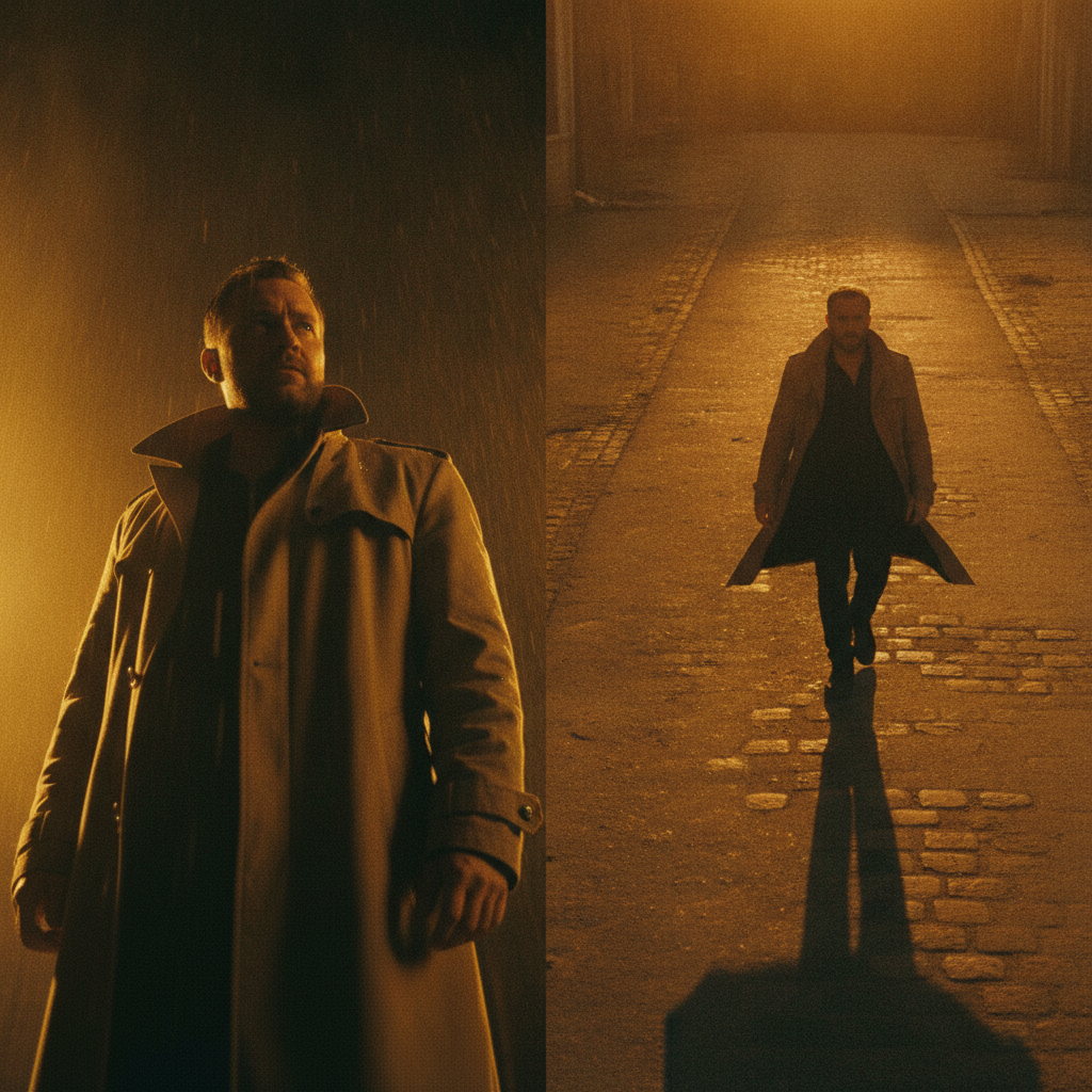 Same portrait shot from a low angle and a high angle side by side with consistent face and lighting