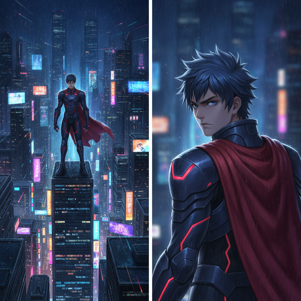 Anime hero shown in a wide shot and a close-up angle with consistent character design, next scene angle