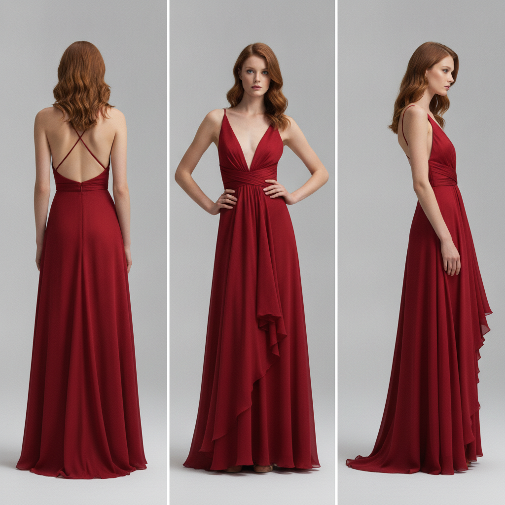 Fashion model photographed from front, back, and side angles in one frame with consistent styling