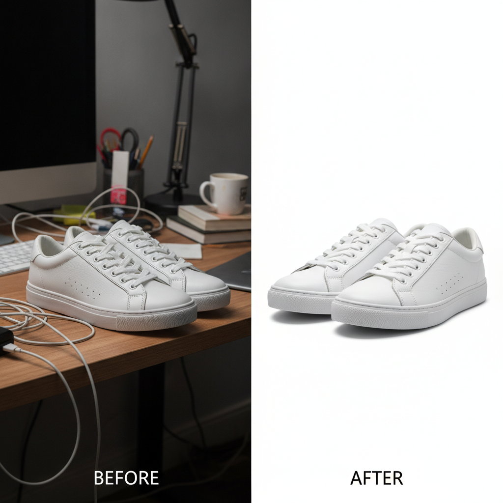 Before and after product photo showing white sneakers with the cluttered desk background removed and the shoes isolated on a clean white backdrop with a soft contact shadow