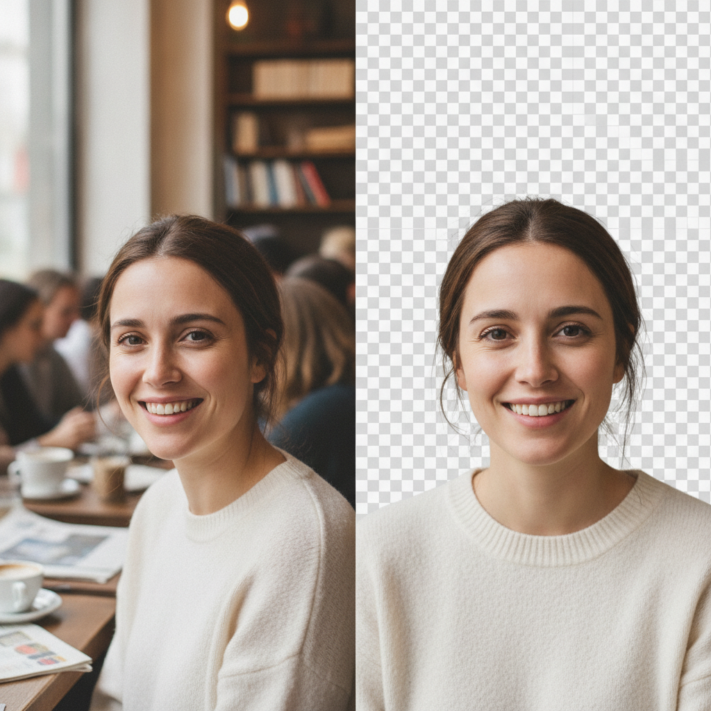 Before and after portrait where a woman in a busy cafe has her background removed, leaving a clean cutout on a transparent checkerboard with precise hair-strand masking
