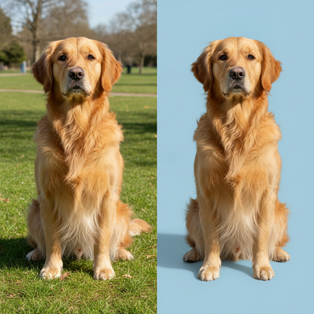 Before and after of a golden retriever moved from a grassy lawn onto a solid studio background with clean fur edges after the background was removed from the image